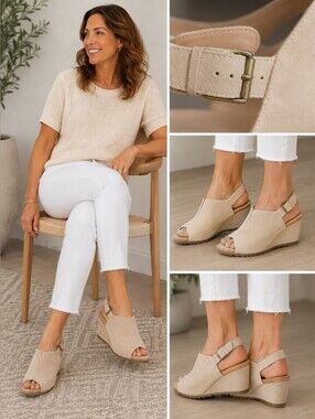 Clarks Women’s 8.5 M Beige Suede Peep Toe Wedge Slingback Sandals